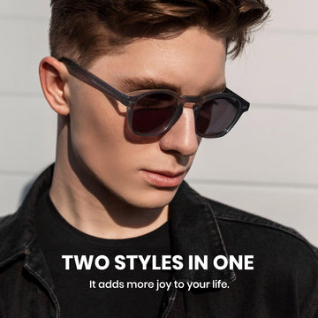 Man wearing photochromic Glasses 8230 with text 'Two Styles in One' on a plain background